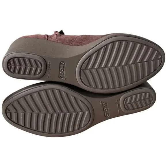 CROCS Leigh Womens 7 Espresso Suede Ankle Boots Wedge Heels Bootie Side Zip - Picture 11 of 13